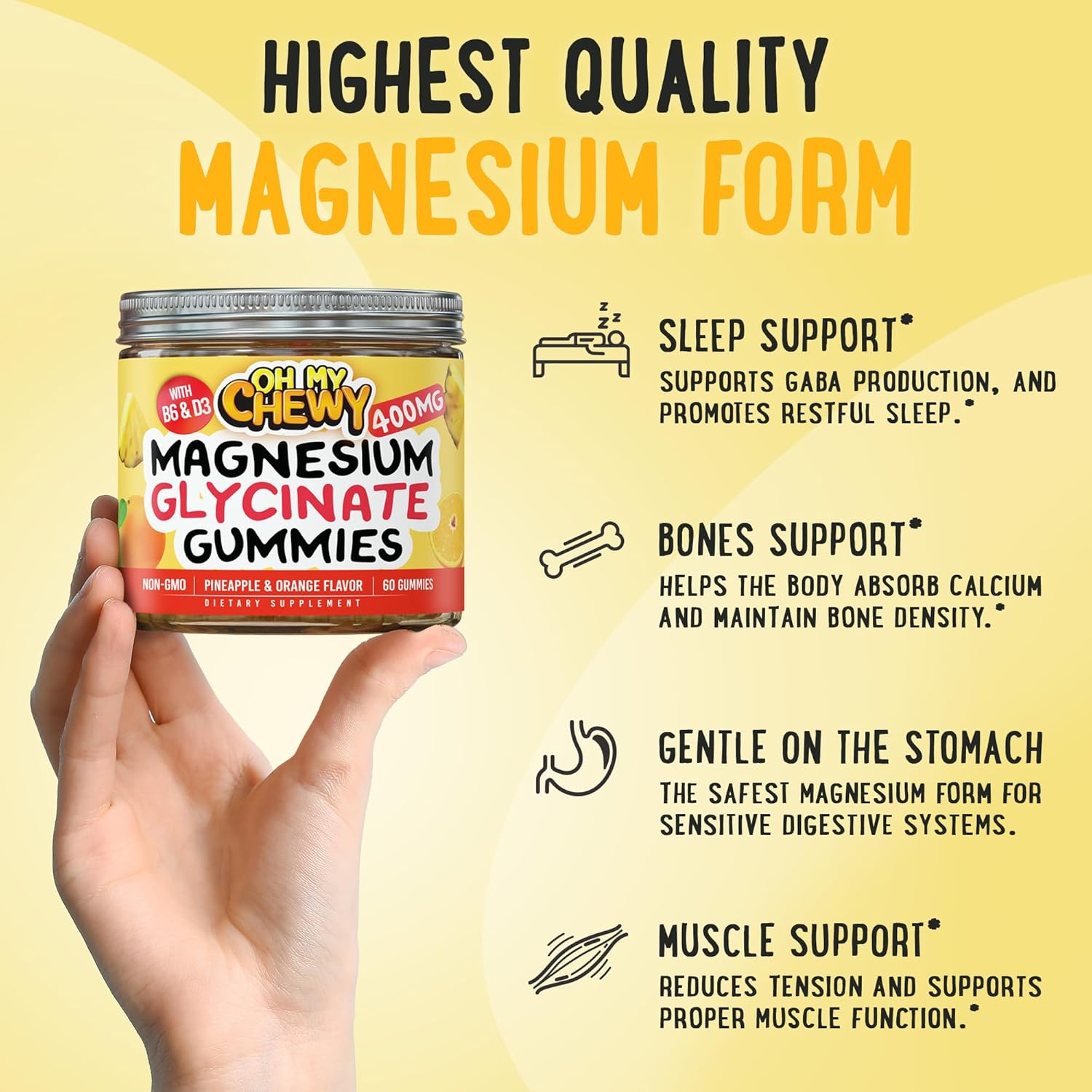 Center-Filled Magnesium Glycinate Gummies 400MG - High Absorption for Kids, Teens & Adults - Supplement for Sleep, Calm & Muscle Relaxation with B6 & D3 - Gluten Free & Vegan Friendly - 120 Count