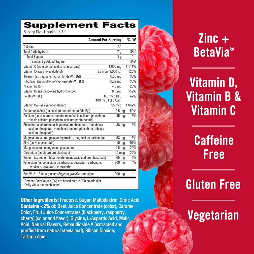 Emergen-C Immune+ Triple Action Immune Support Powder, BetaVia (R), 1000mg Vitamin C, B Vitamins, Vitamin D and Antioxidants, Raspberry, Back to School Essentials – 30 Count