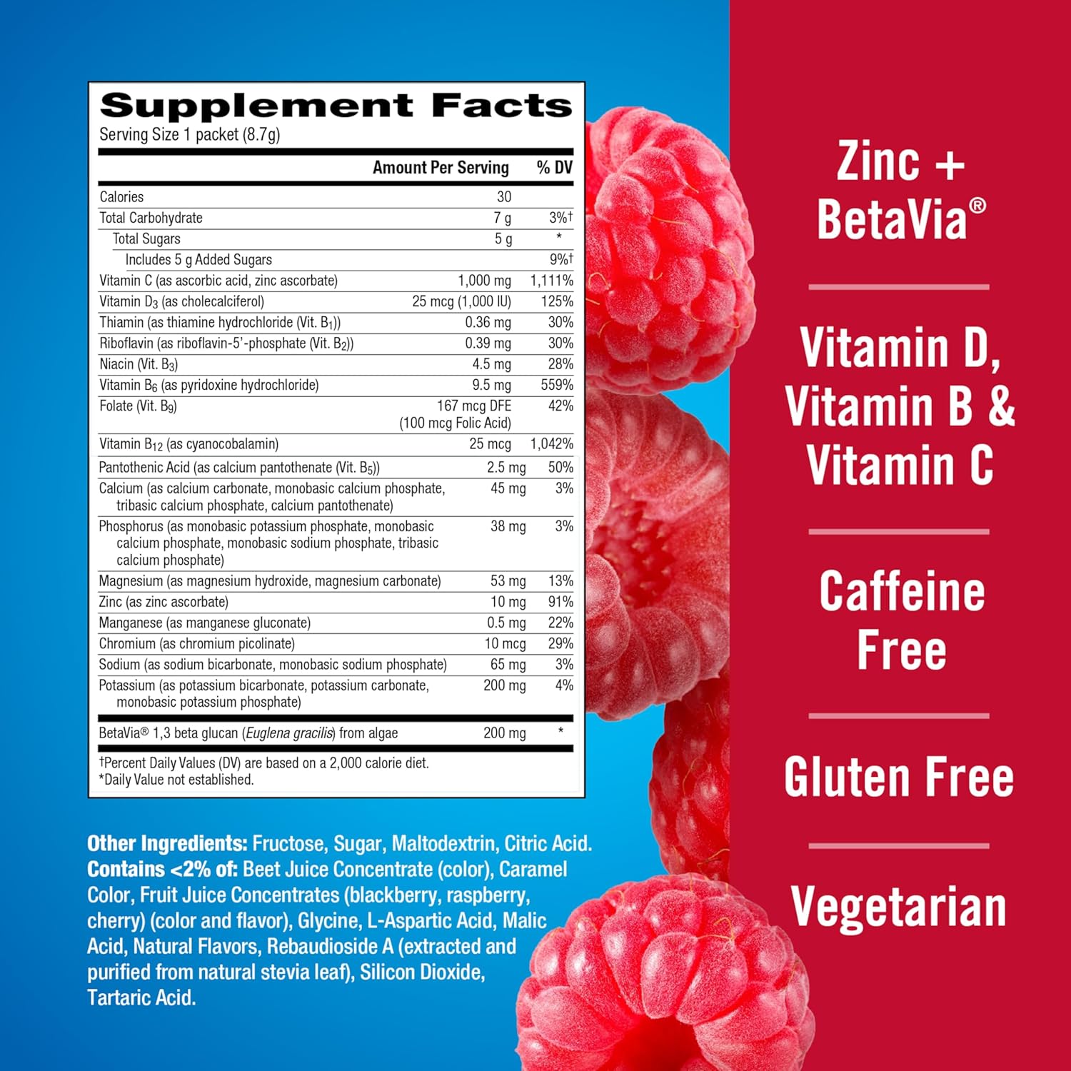 Emergen-C Immune+ Triple Action Immune Support Powder, BetaVia (R), 1000mg Vitamin C, B Vitamins, Vitamin D and Antioxidants, Raspberry, Back to School Essentials – 30 Count