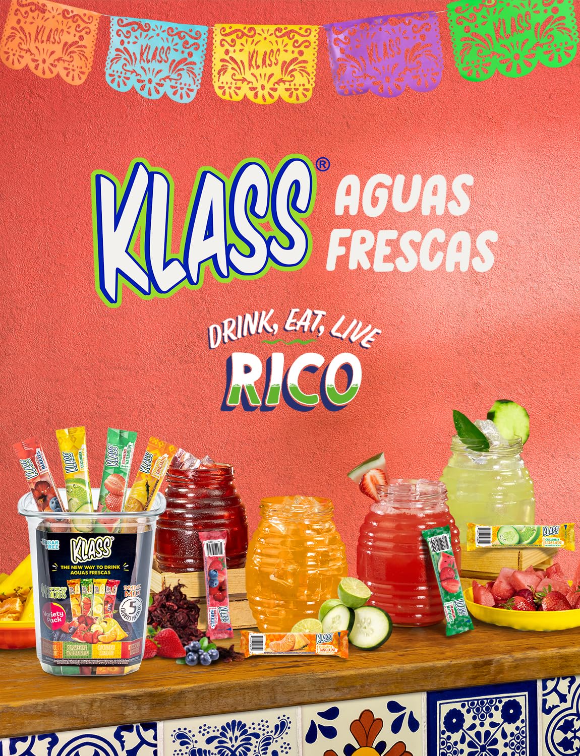 Klass Aguas Frescas Powdered Drink Mix | 44 Sugar Free Powder Packets | Flavors - Cucumber Limeade Pineapple Tangerine Strawberry Watermelon & Hibiscus Berries - Water Enhancer To Go!