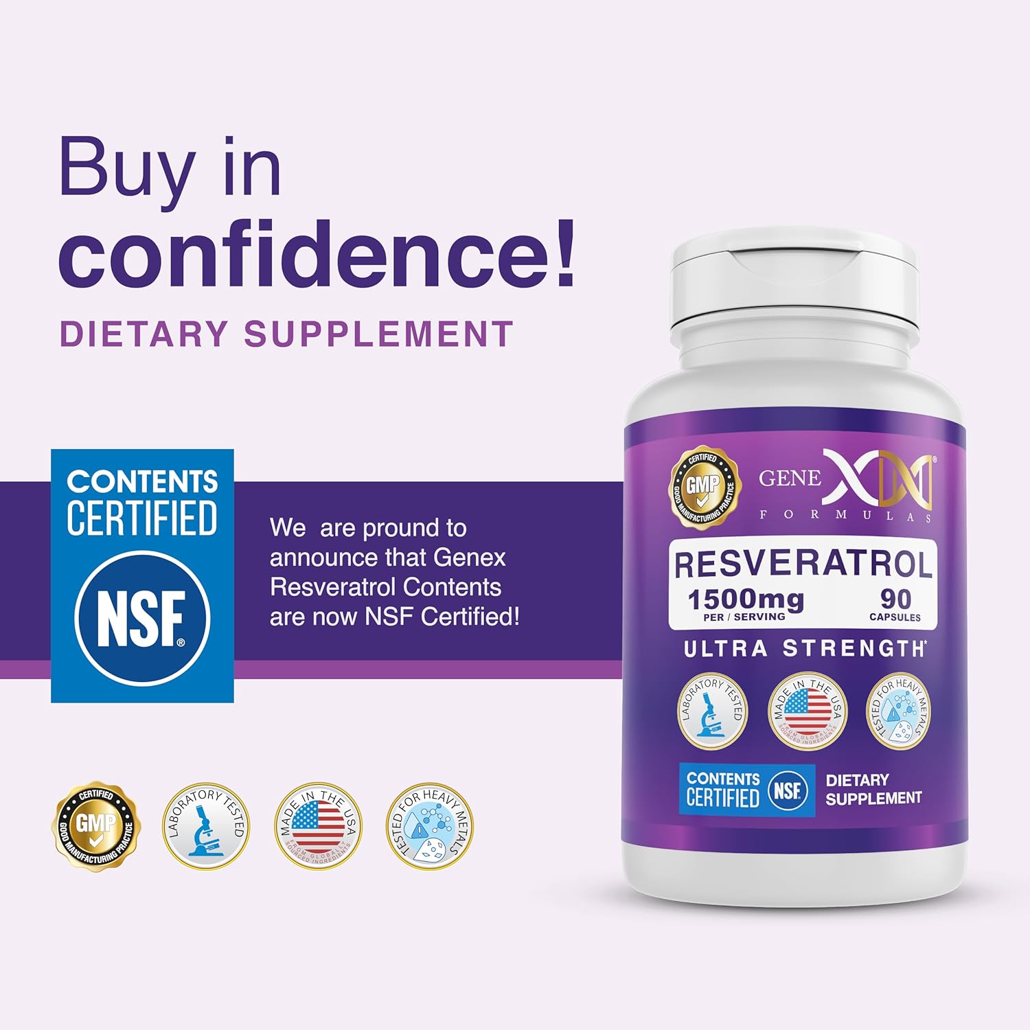 Genex Formulas Resveratrol 1500 mg Supplement for Healthy Aging – NSF Certified for Safety, Quality & Label Accuracy – Potent Antioxidant & Healthy Aging Formula - Gluten Free 90 Count