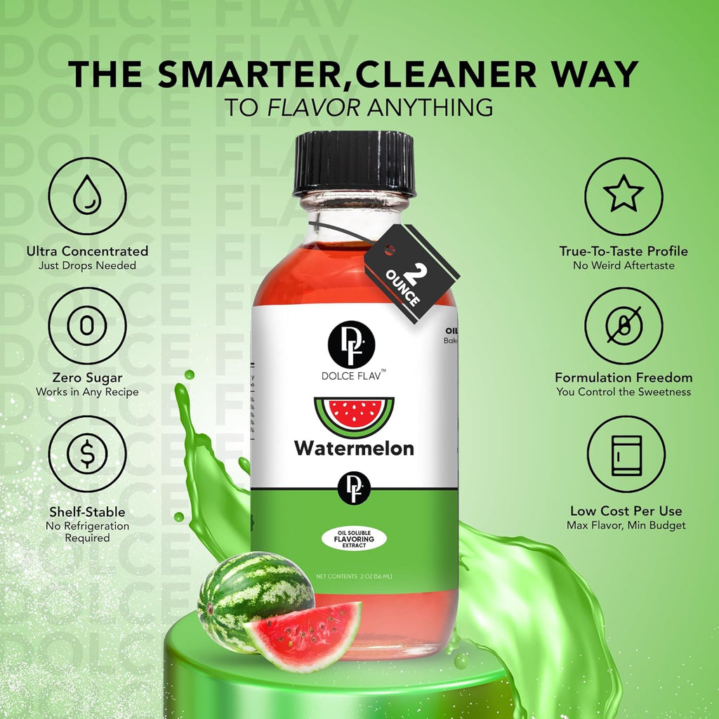 Dolce Flav Watermelon Extract – 2 Ounce Oil-Soluble Kosher, Sugar-Free, Concentrated Juicy Watermelon Flavoring for Baking, Chocolates & Desserts, Includes Measured Dropper