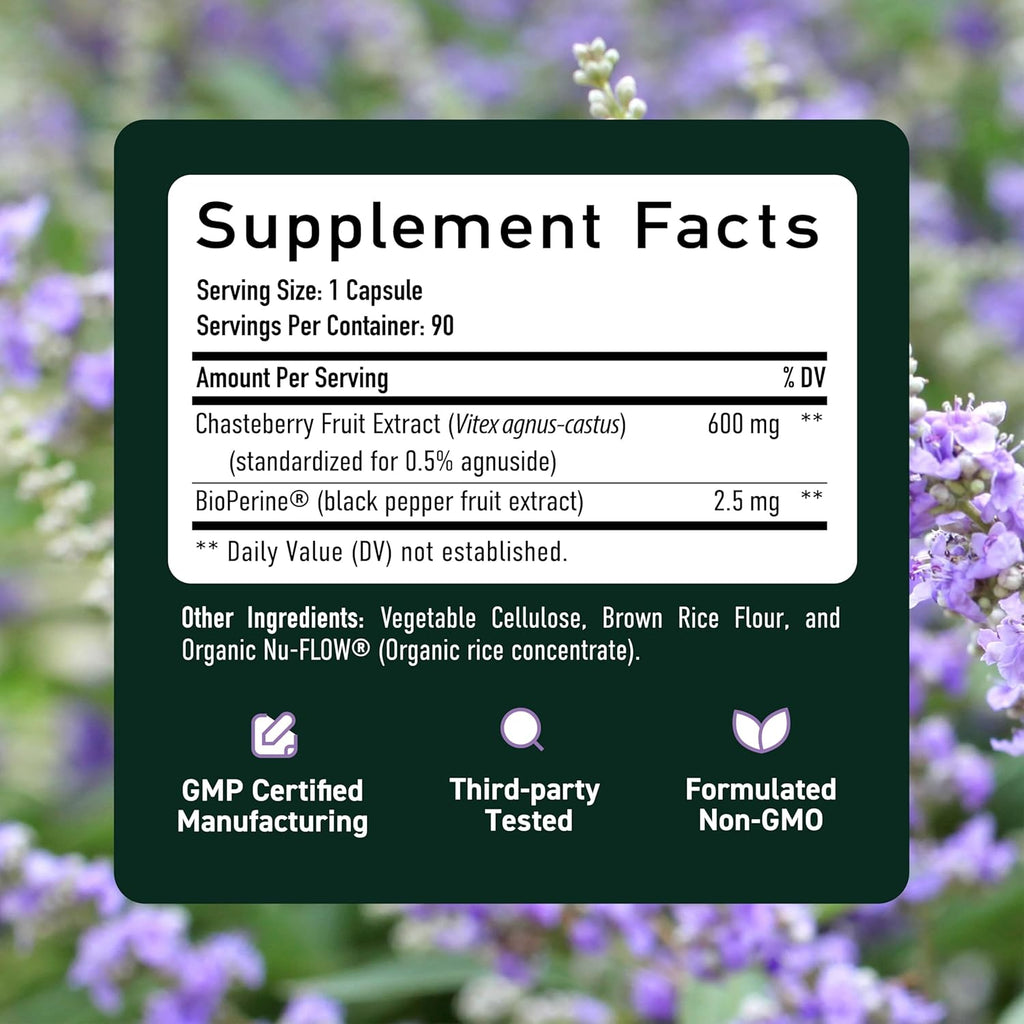 Vitex Chasteberry Supplement 600mg | Agnus Castus for Women's Hormone Balance, Menopause, Menstrual Regularity & Hormonal Acne* | Certified Gluten-Free, Vegetarian | 90 Capsules, 3-Month Supply