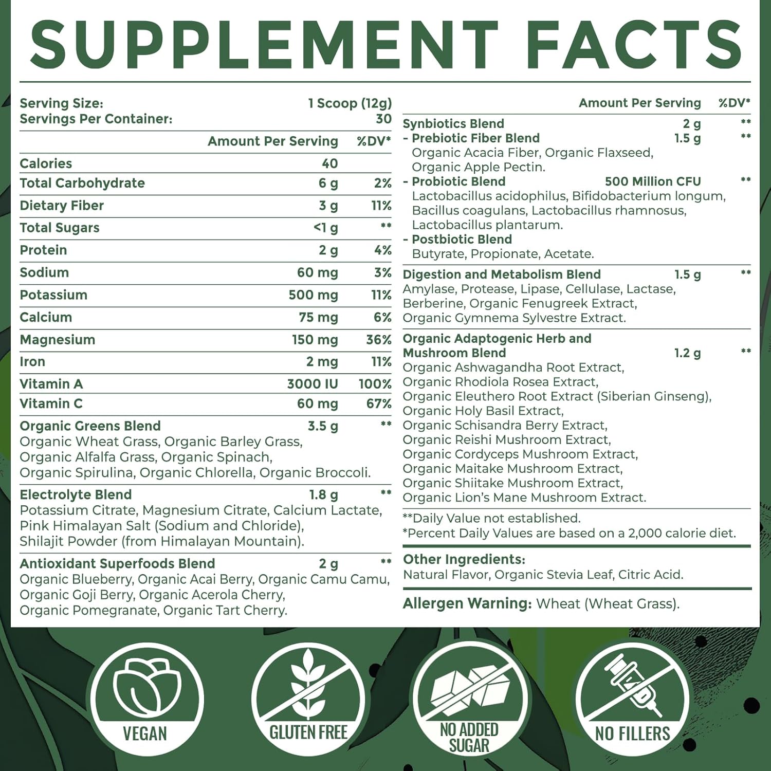 Super Greens Powder Superfood + Electrolytes & Tonic Herbs | Organic Greens, Shilajit, Adaptogens, Antioxidants, Preobiotic & Probiotic & Postbiotic| for Energy, Gut & Immune| Unflavored - 30 Servings
