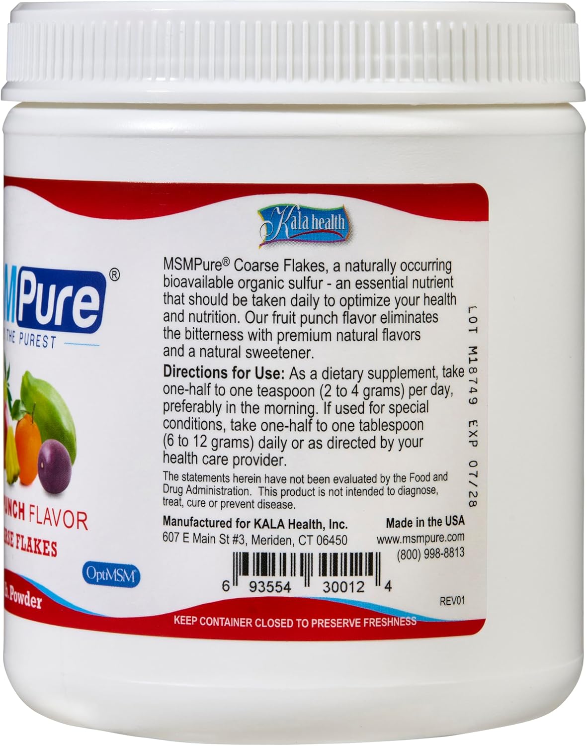 KALA HEALTH MSMPure Fruit Punch Flavored Coarse MSM Powder Flakes – Organic Sulfur for Joint Flexibility, Skin Appearance, and Hair & Nail Support – 1 lb, USA Made, Distilled Crystals
