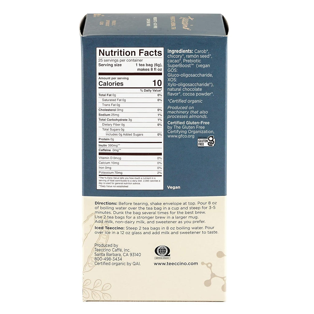 Teeccino Dark Chocolate - Prebiotic SuperBoost™ Herbal Tea - Support Your Probiotics with Vegan GOS & Organic XOS For Good Gut Health and Regularity, Digestive Chocolate Tea, 25 Tea Bags (Pack of 3)