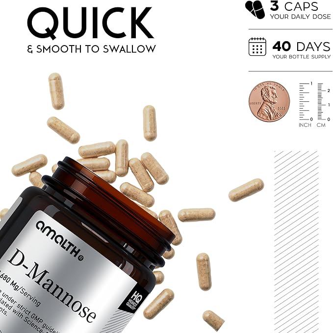 AMALTH D-Mannose Capsules 1680 mg per Serving, 120 Vegan Capsules, Pure Single Ingredient Mannose Supplement, Urinary Tract Support, UTI Wellness Support, Non GMO, Gluten Free