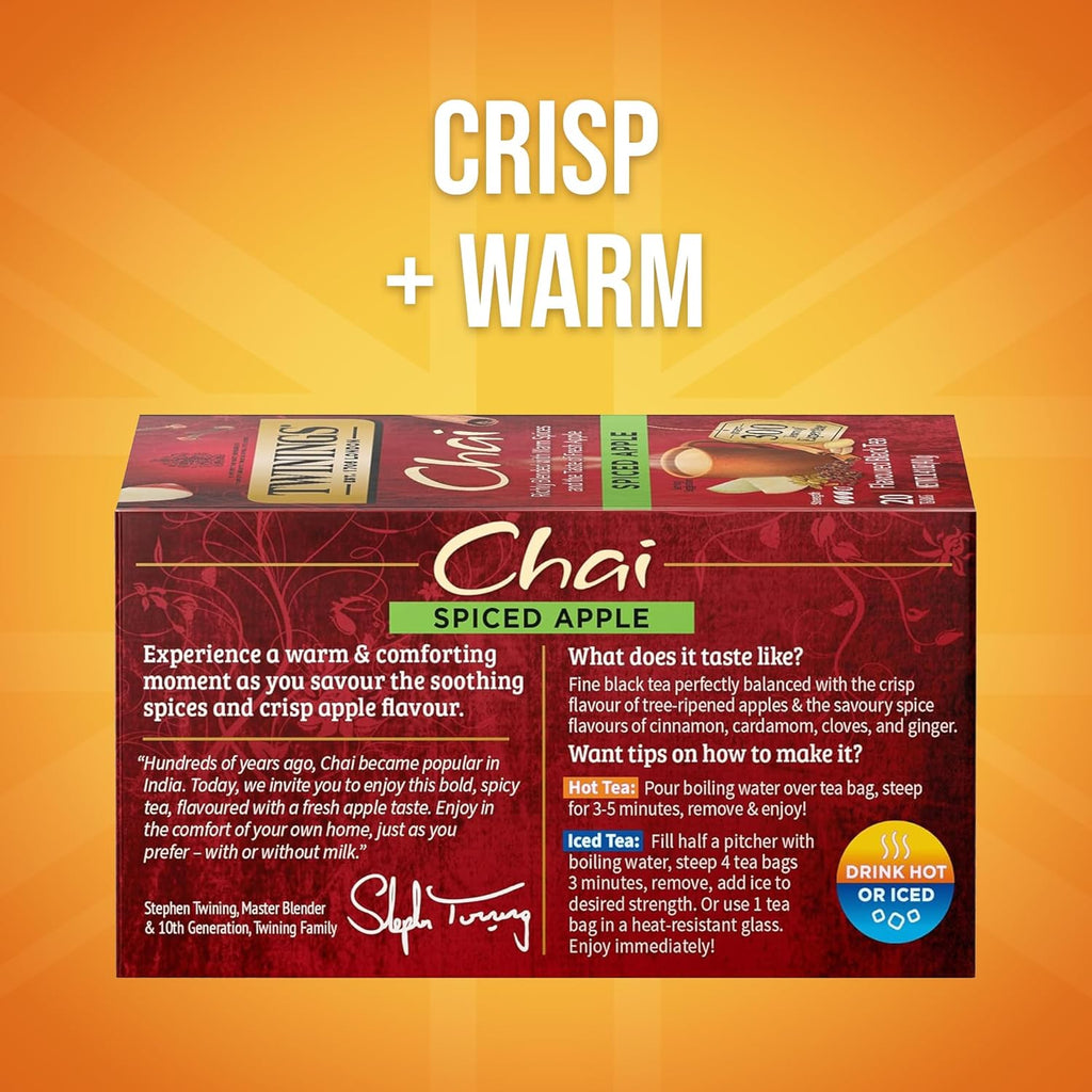 Twinings Spiced Apple Chai Black Tea Individually Wrapped Bags, 20 Count (Pack of 6), Sweet, Savoury Spices, Caffeinated, Enjoy Hot or Iced, 120 Teabags
