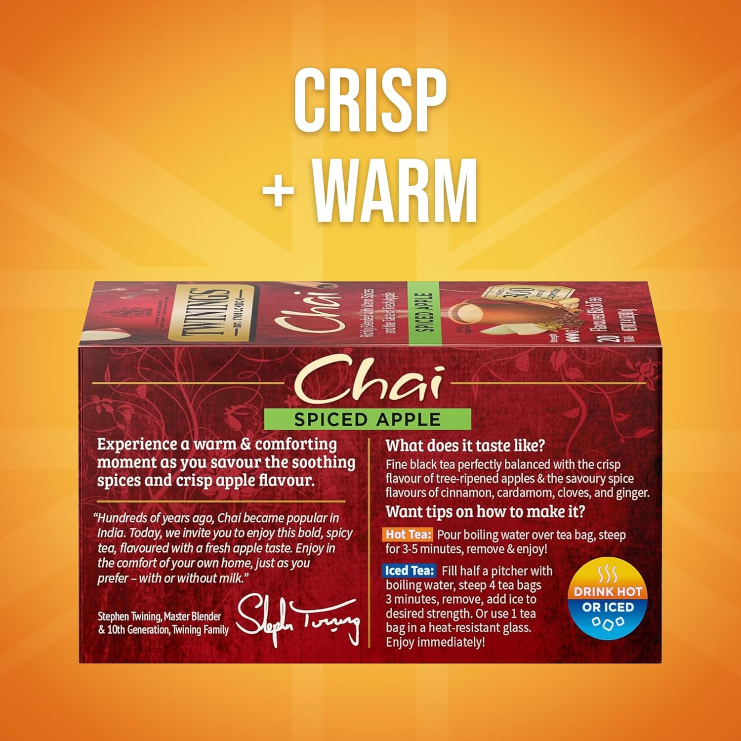 Twinings Spiced Apple Chai Black Tea Individually Wrapped Bags, 20 Count (Pack of 1), Sweet, Savoury Spices, Caffeinated, Enjoy Hot or Iced, 20 Teabags