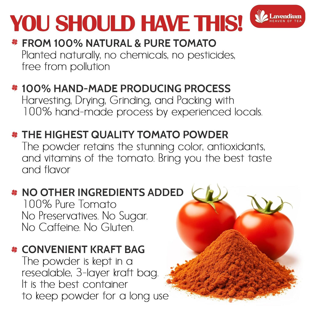 Lavendium, Premium 1.56 lbs (25oz) Tomato Powder – 100% Pure Dehydrated Tomato – Non-GMO, Vegan, Gluten-Free, No Additives – Rich Color & Flavor – Great for Cooking, Seasoning, Sauces & More