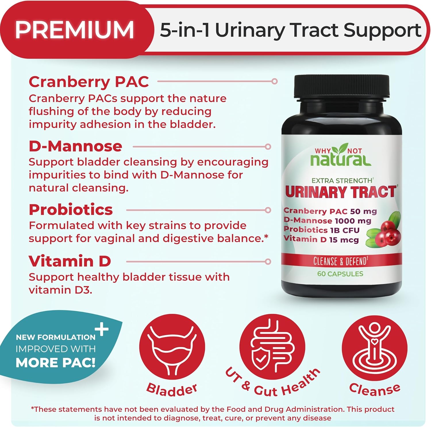 Why Not Natural 5-in-1 UTI Pills with D Mannose, Cranberry PAC Extract, Probiotics and Vitamin D - Urinary Health Formula for Women and Men