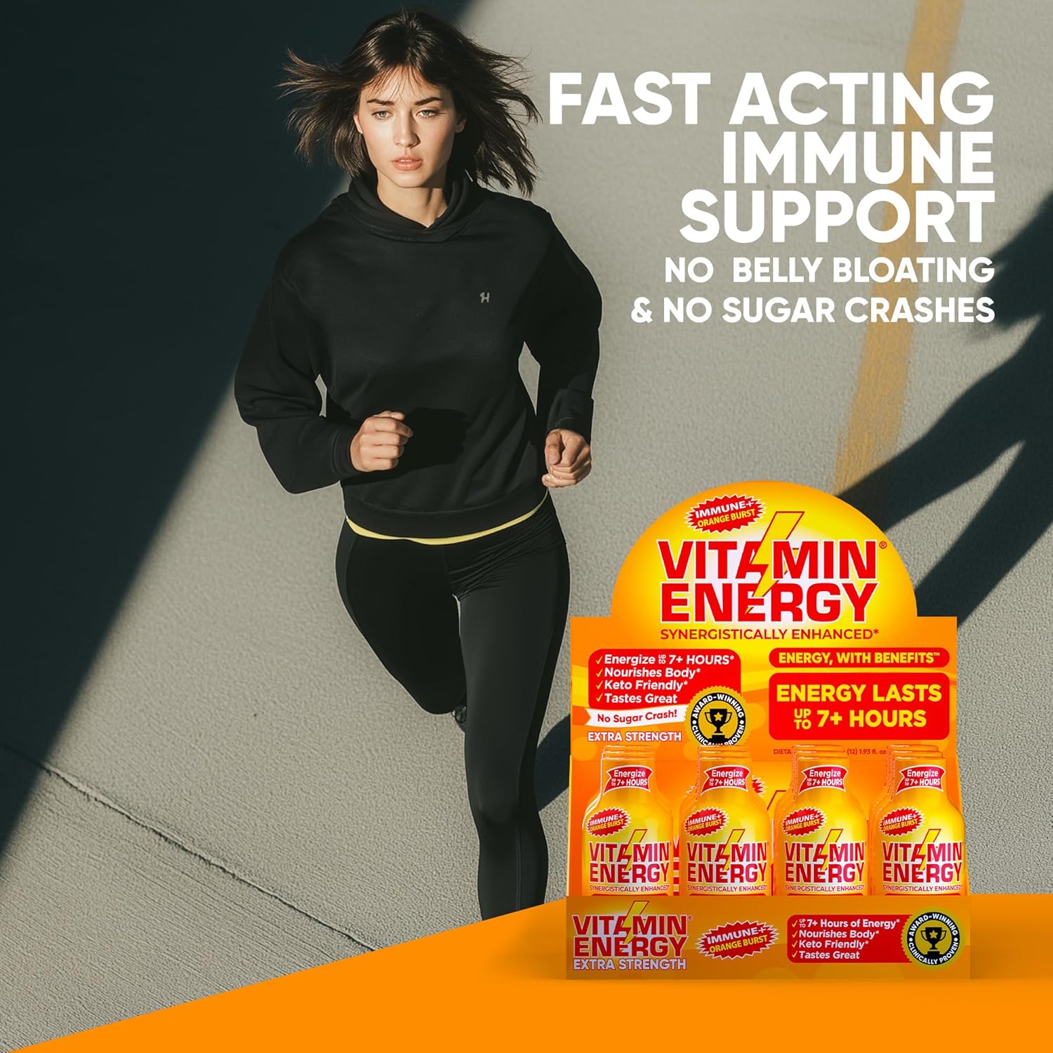 Vitamin Energy Immune+ Extra Strength Energy Shot Orange Burst 12 Pack, 260mg Natural Caffeine, B-Vitamins, Citicoline, Green Tea, Immunity & Focus Support, Zero Sugar, Gluten-Free 1.93 fl oz