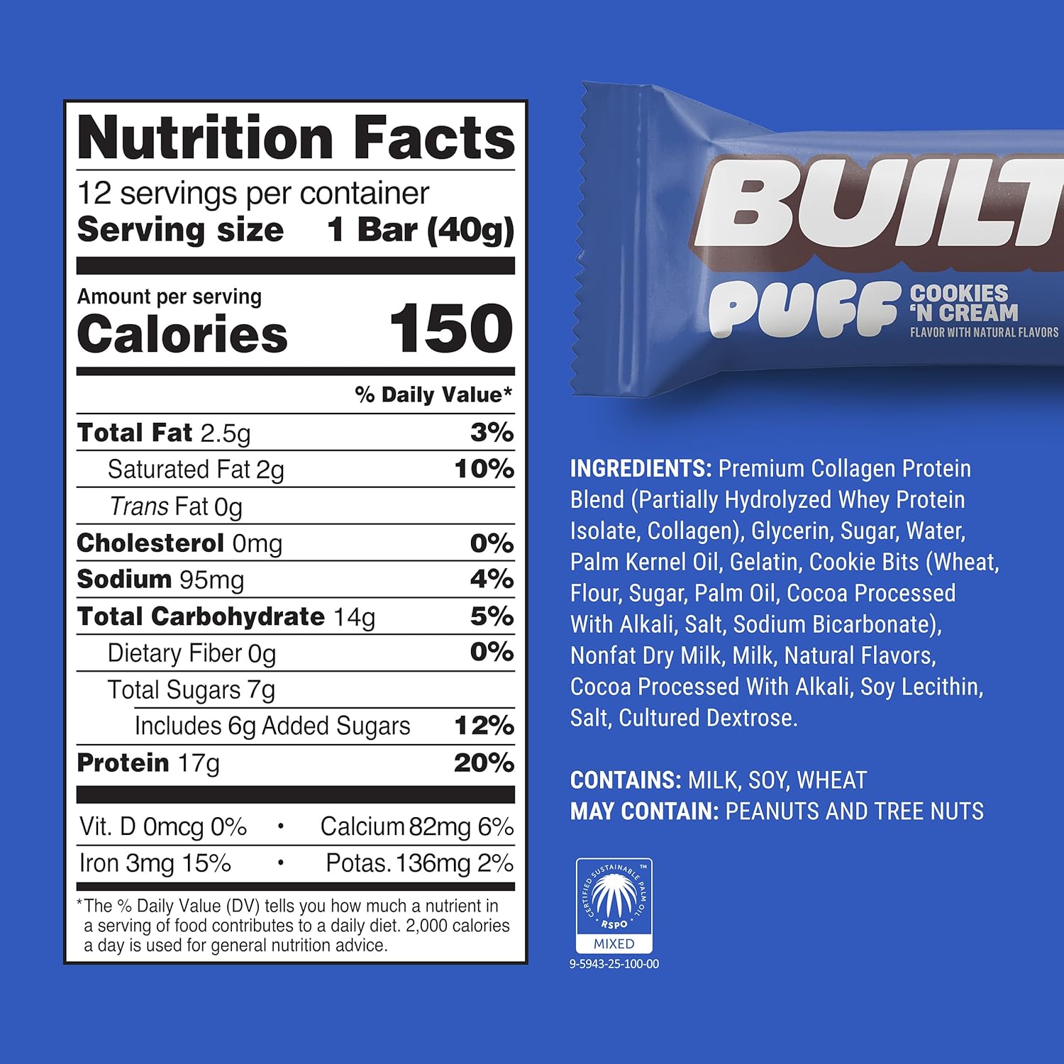 Built Bar, Puff Protein Bars, Cookies 'N Cream Puff, 17g Protein Snacks, On-The-Go Bars, Only 140 Calories, 7g Sugar, Collagen, Not Gluten Free, 12 Count