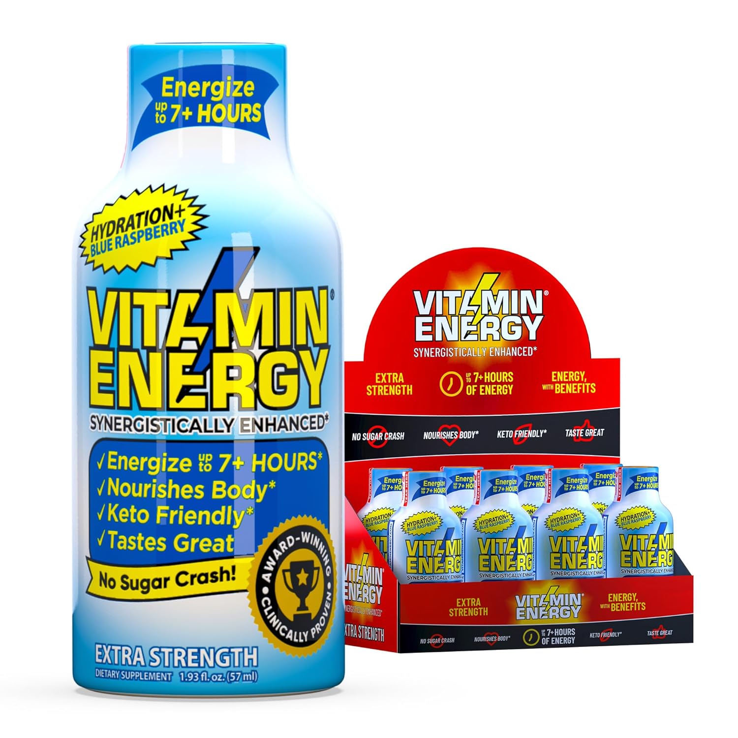Vitamin Energy Hydration+ Extra Strength Energy Shot Blue Raspberry 8 Pack, 260mg Natural Caffeine, Electrolytes, BCAAs, Amino Acids, Hydration & Performance, Zero Sugar, Gluten-Free, 1.93 fl oz