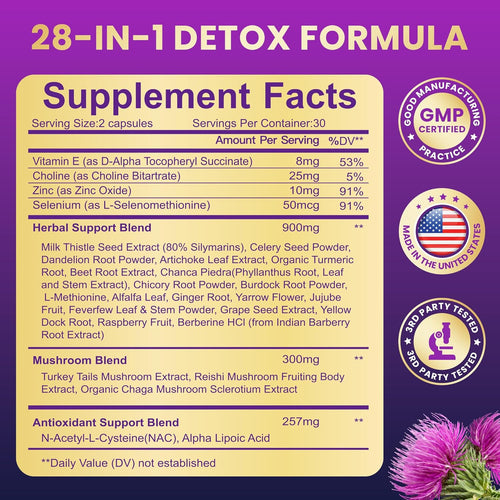 28-in-1 Liver Cleanse Detox & Repair - 1500mg Liver Health Support with Milk Thistle, Dandelion Root, Artichoke Extract, and 20+ Herbal Liver Support Supplements - Made in USA - 60 Capsules