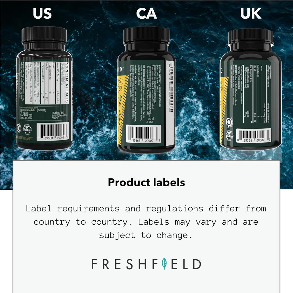 Freshfield Vegan Omega 3 DHA: Algae Oil, Most Reviewed, Carrageenan Free, Sustainably Sourced, Tested, No Heavy Metals, Fish Oil Alt, Plant Based Omega. Supports Heart, Brain, Joint Health w/DPA