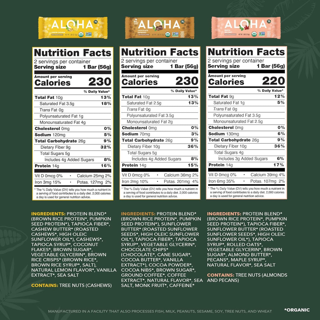 ALOHA Organic Plant Based Protein Bars - Sampler Pack #2-12 Bars, Vegan, Low Sugar, Gluten-Free, Paleo, Low Carb, Non-GMO, No Stevia, No Erythritol