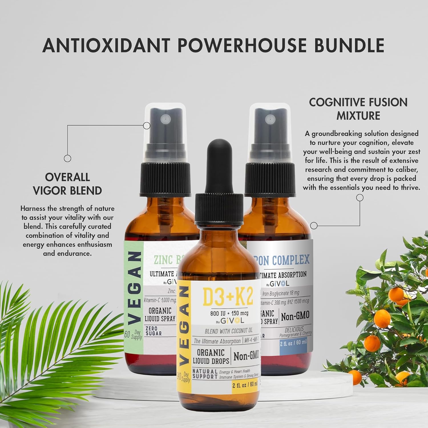 Bone Support Bundle Liquid Spray - Iron Bisglycinate Complex, Zinc Picolinate, Vitamin D3 & K2 - Complete Multivitamin - Plant- Based, Non-GMO, Gluten Free, Sugar Free 2 Fl Oz (360 Days Supply)