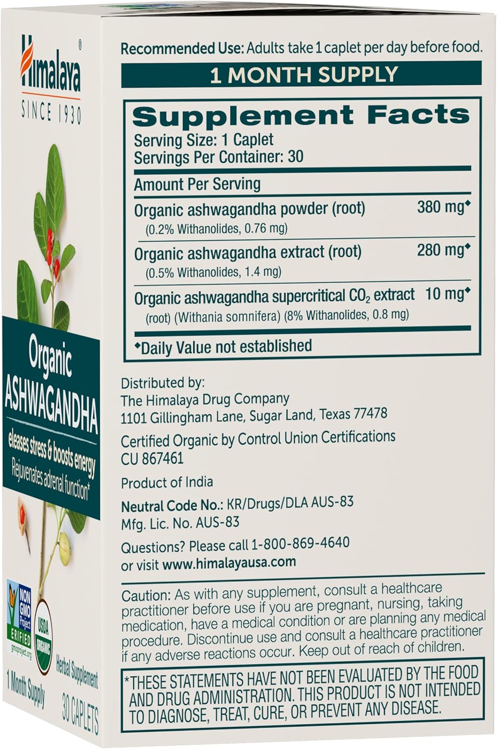 Himalaya Organic Ashwagandha Root, 30 Day Supply - Herbal Adrenal Support Supplements for Stress Relief and Energy Support - USDA Organic, Non-GMO, Vegan, Gluten Free, No Additives, 670 mg, 30 Caplets