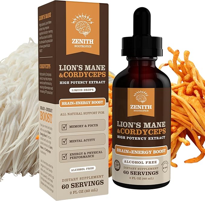 Lion’s Mane & Cordyceps Supplement – Brain & Energy Support – Focus, Memory, Clarity, Immunity – Vegan, Alcohol-Free Tincture – Up-to 2-Month Supply, 2 fl oz