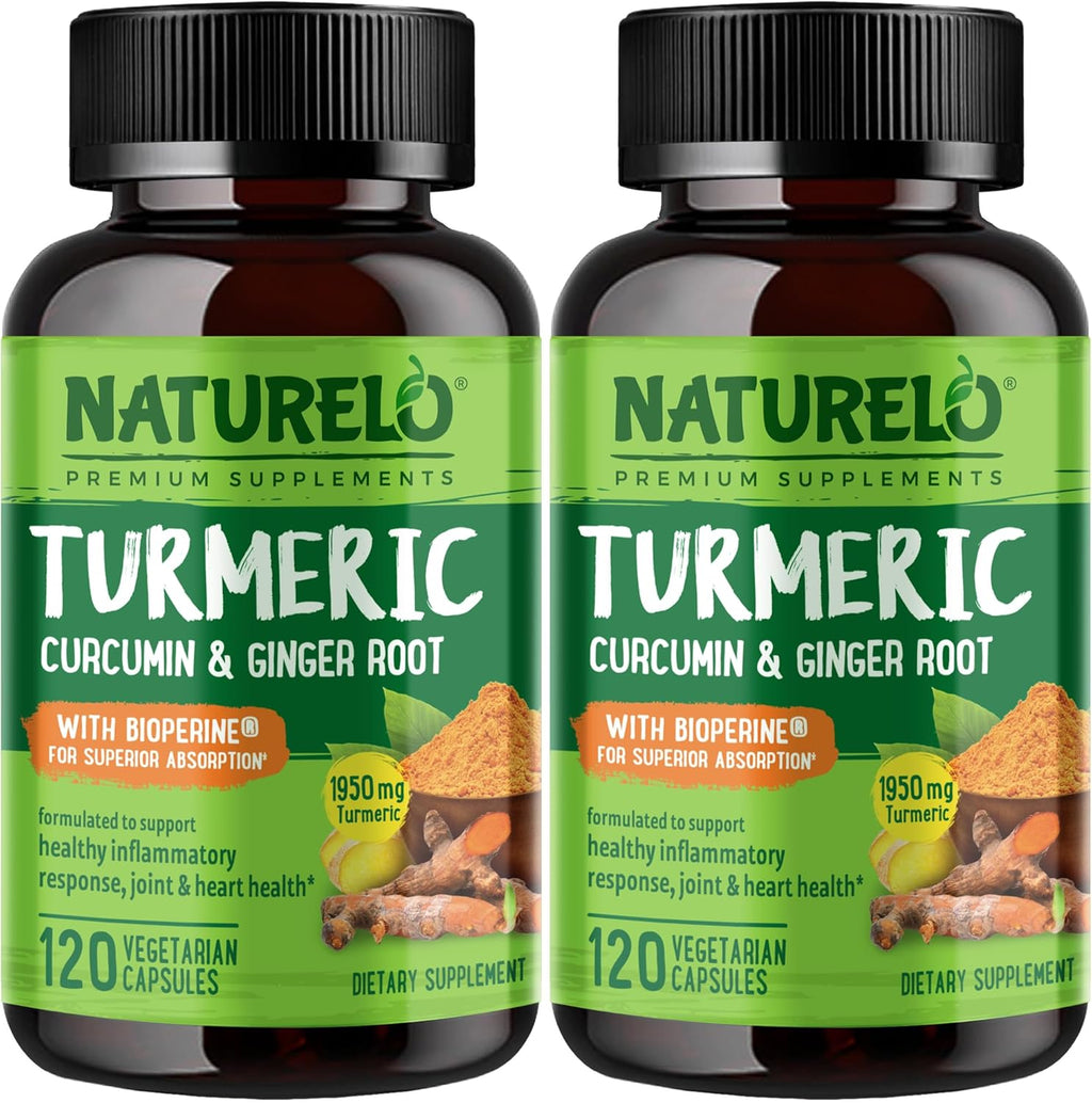 NATURELO Turmeric Curcumin - BioPerine for Better Absorption - Black Pepper, Ginger Root, Curcuminoids - Plant-Based Joint Discomfort Support - 120 Vegan Capsules (Pack of 2)