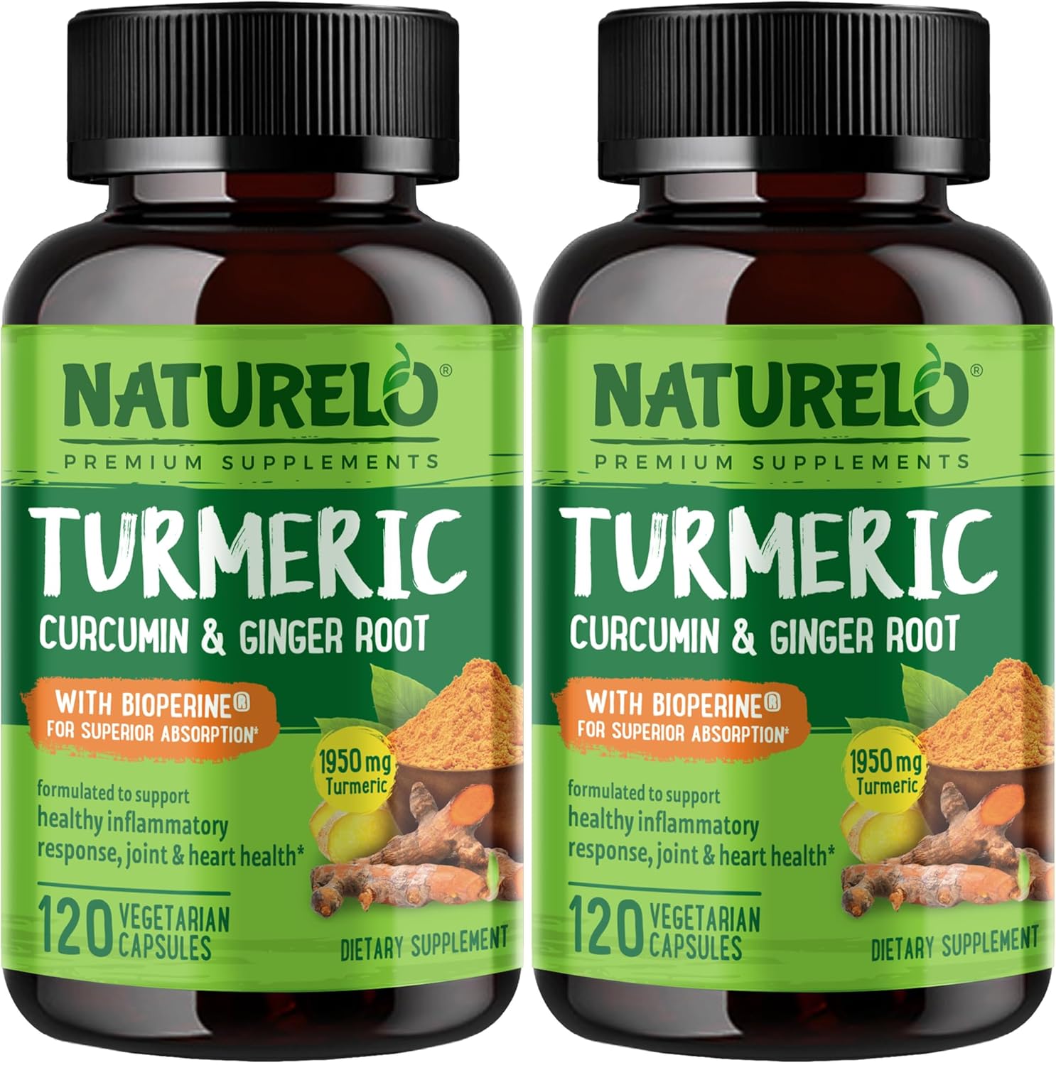 NATURELO Turmeric Curcumin - BioPerine for Better Absorption - Black Pepper, Ginger Root, Curcuminoids - Plant-Based Joint Discomfort Support - 120 Vegan Capsules (Pack of 2)