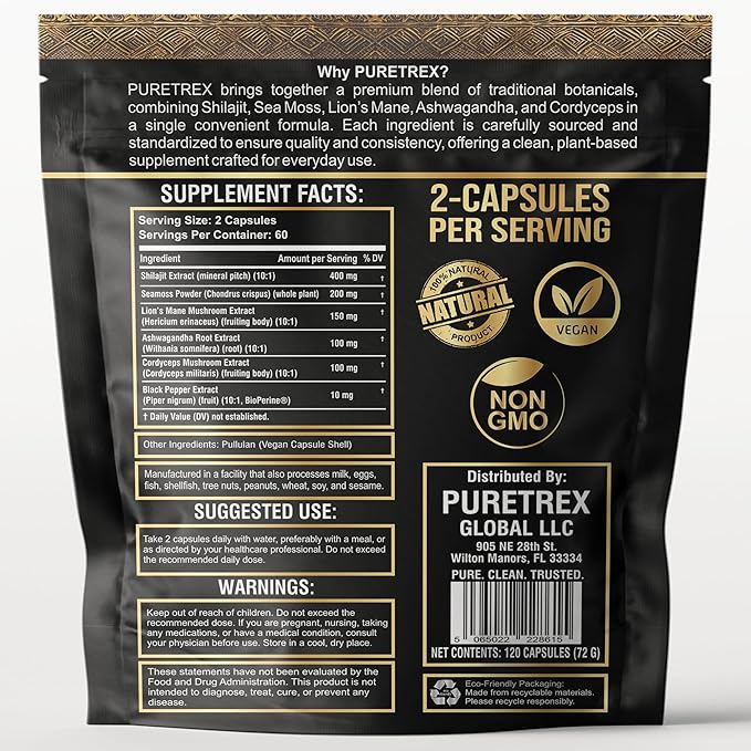 Shilajit Seamoss Capsules with Lion's Mane, Ashwagandha, and Cordyceps – 120 Vegan Capsules for Energy, Focus, and Wellness