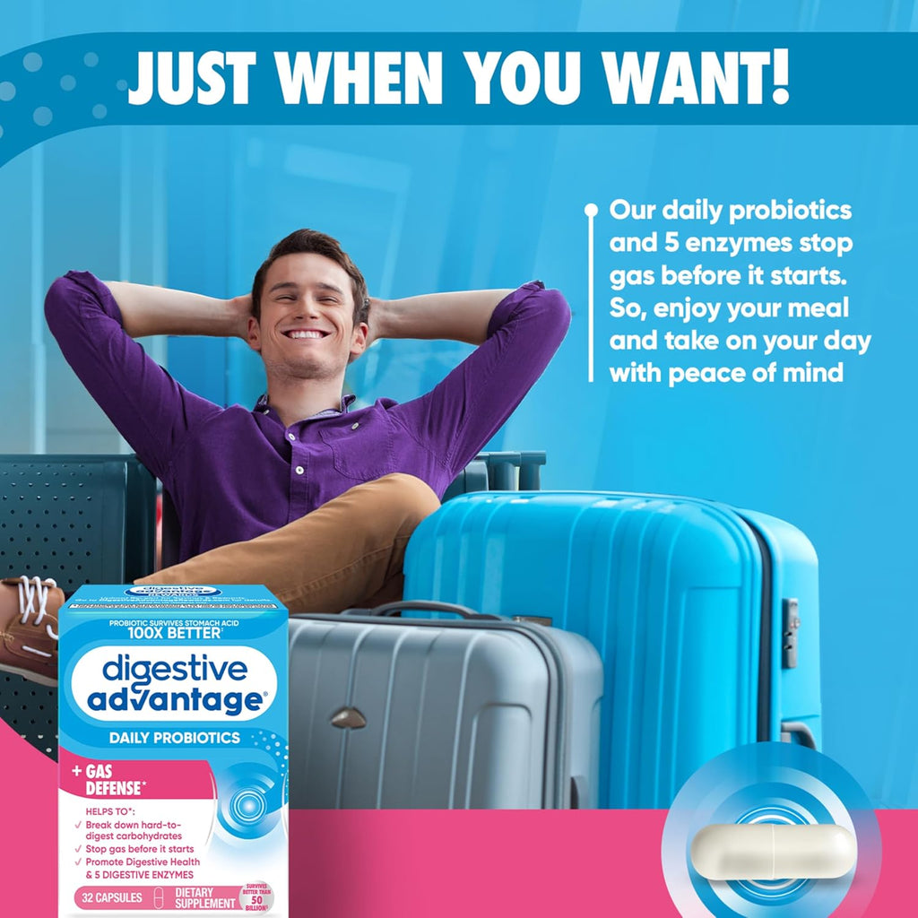 Digestive Enzyme and Probiotic Capsule- Digestive Advantage 32 Capsules, Survives 100x Better than regular 50 billion CFU, Breaks down food, helps prevent gas