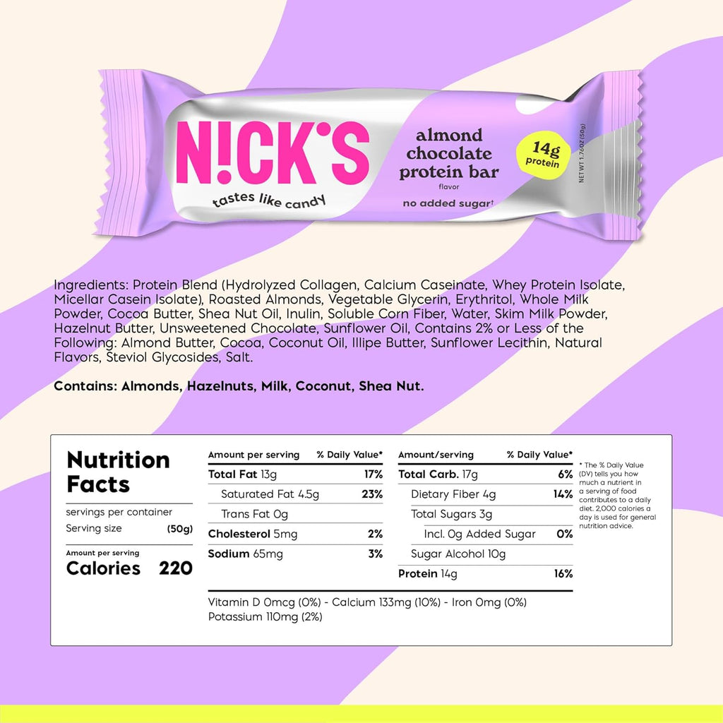 Nick's Protein Bars Chocolate | High Protein | Lowcalories | Low Carb Keto Friendly Snacks No Added Sugar (Multipack 12 bars x 50g) (12 Count (Pack of 1), Almond Chocolate)