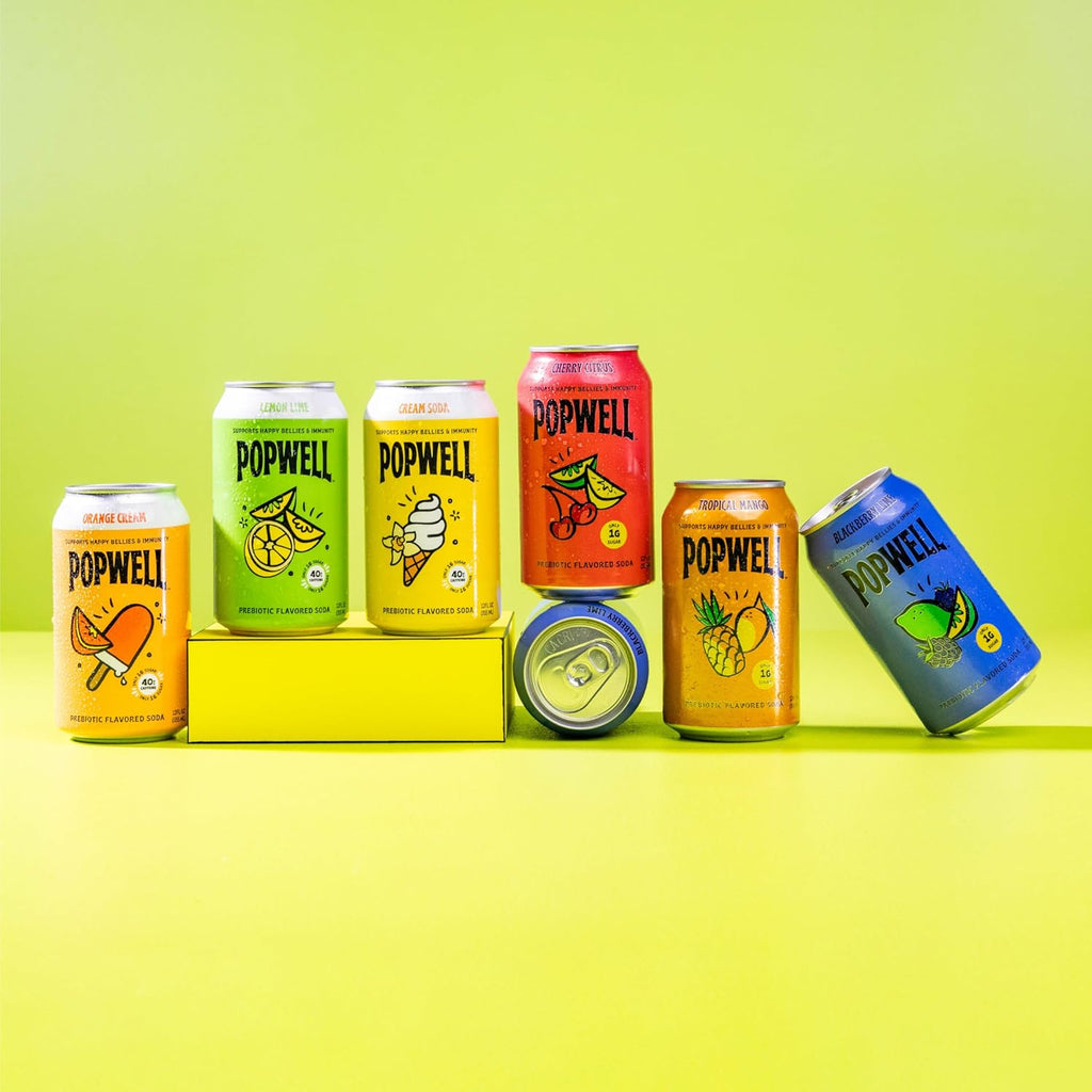 Popwell Lemon Lime Caffeinated Better-For-You Prebiotic Soda, with 6g Fiber, 1g Sugar, Vitamins and Immunity Support, 12 fl oz Cans (pack of 12)