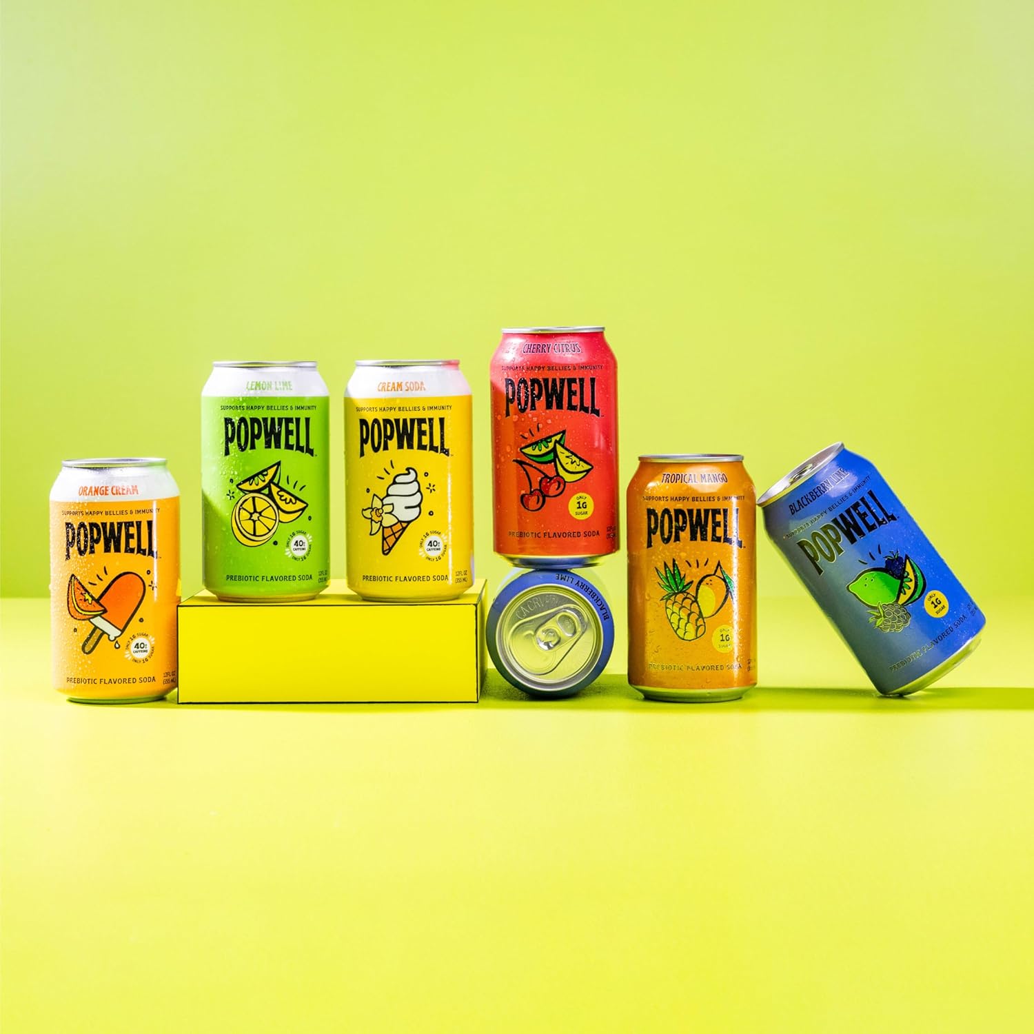 Popwell Lemon Lime Caffeinated Better-For-You Prebiotic Soda, with 6g Fiber, 1g Sugar, Vitamins and Immunity Support, 12 fl oz Cans (pack of 12)