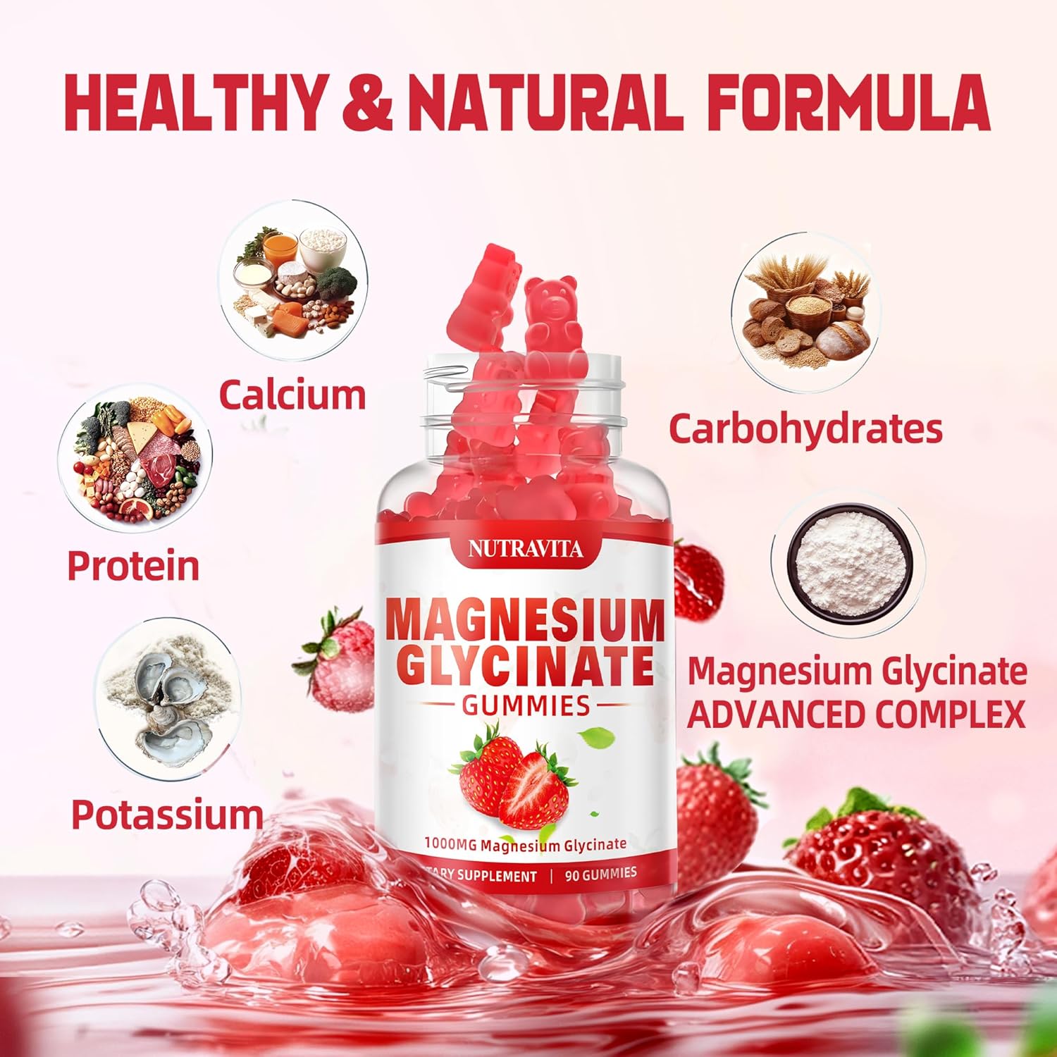 Magnesium Glycinate Gummies 1000mg with L-Threonate,Chelated Magnesium Potassium Complex Supplement with VitD, B6, CoQ10, Calcium,Supports for Memory, Calm, Mood - 180 Gummies Strawberry
