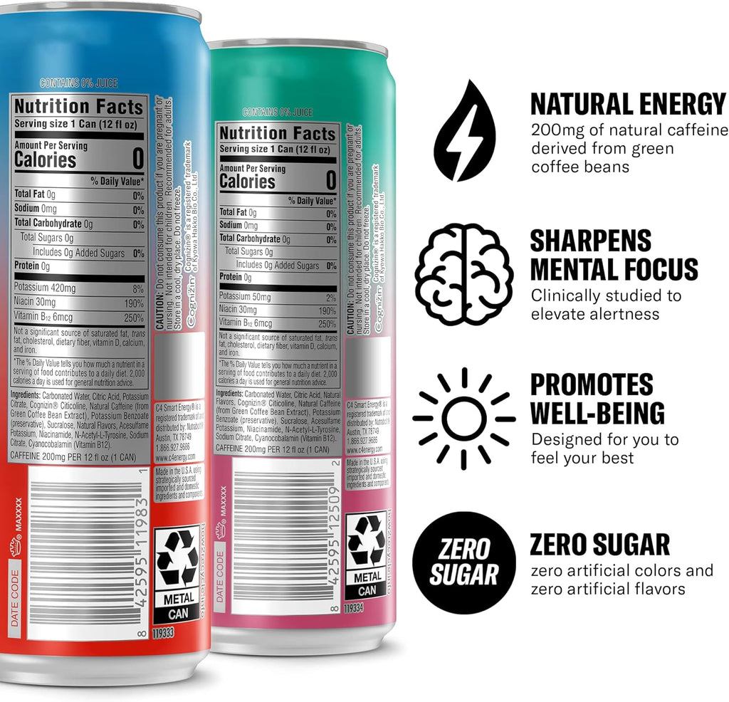Cellucor C4 Smart Energy Drinks Variety Pack, Sugar Free Performance Fuel & Nootropic Brain Booster, Coffee Substitute or Alternative, 4 Flavor Berry Breeze Variety 12 Pack