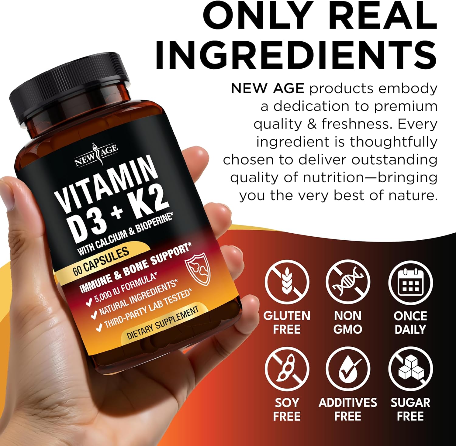 Vitamin D3 5,000 IU + K2 MK-7 100 mcg - 2-in-1 Bone, Immune & Heart Support, Easy to Swallow, Non-GMO - 60 Capsules