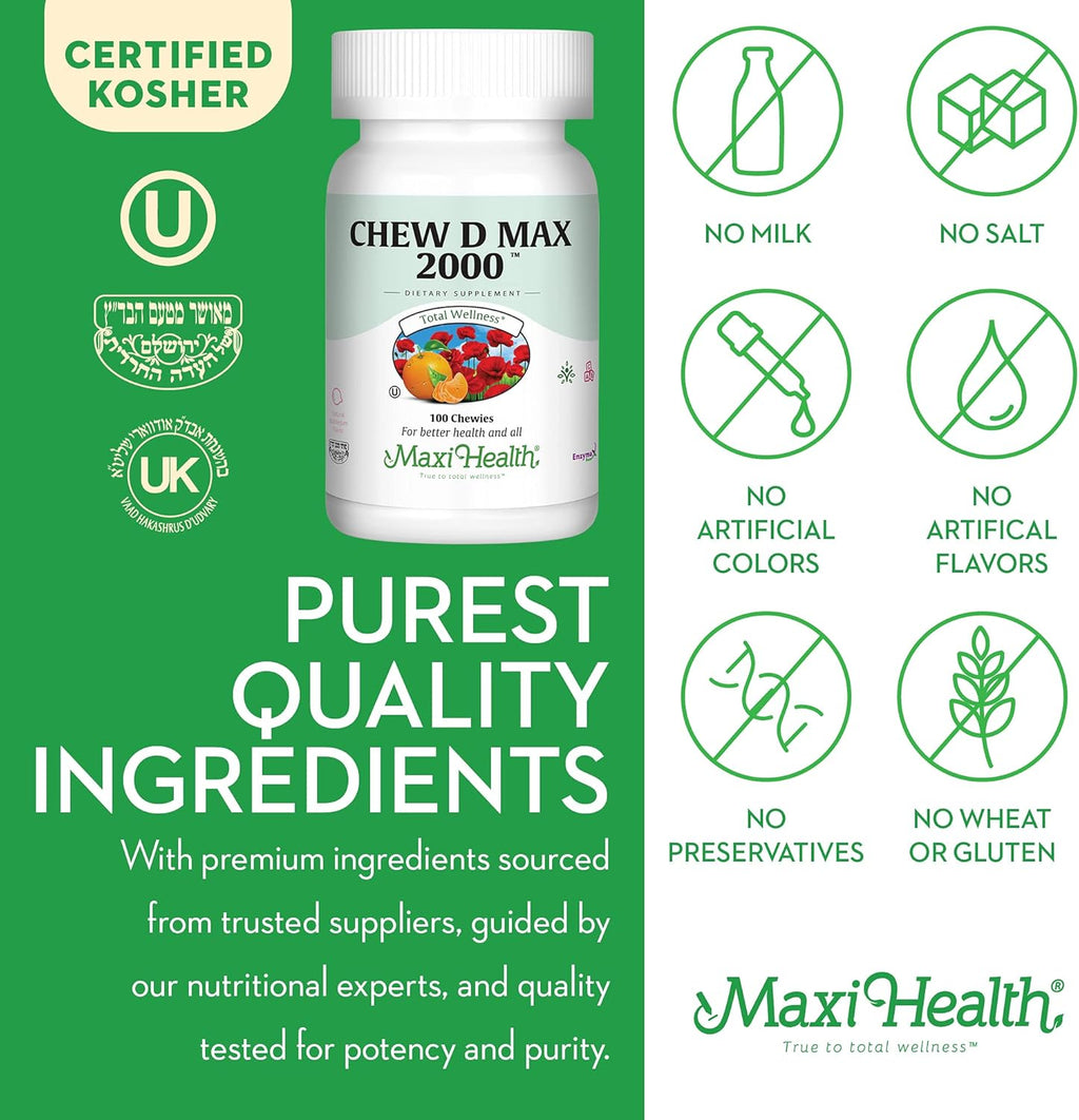 Maxi Health Chewable Vitamin D3 2000 IU Supplement - Delicious Natural Bubble Gum Flavor - Supports Calcium Absorption, Immune and Bone Health in Adult Women, Men, Children & Toddlers - 100 Chews