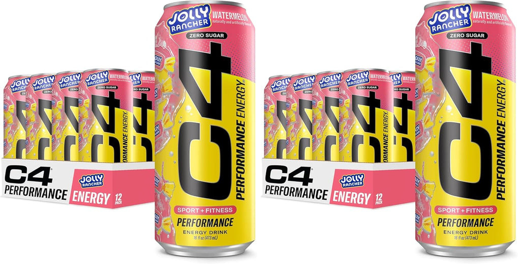 Cellucor C4 Performance Energy Drink | JOLLY RANCHER Watermelon | Zero Sugar Carbonated Preworkout Energy | 200mg Caffeine with Beta Alanine | 16 Fl Oz (24 Pack)
