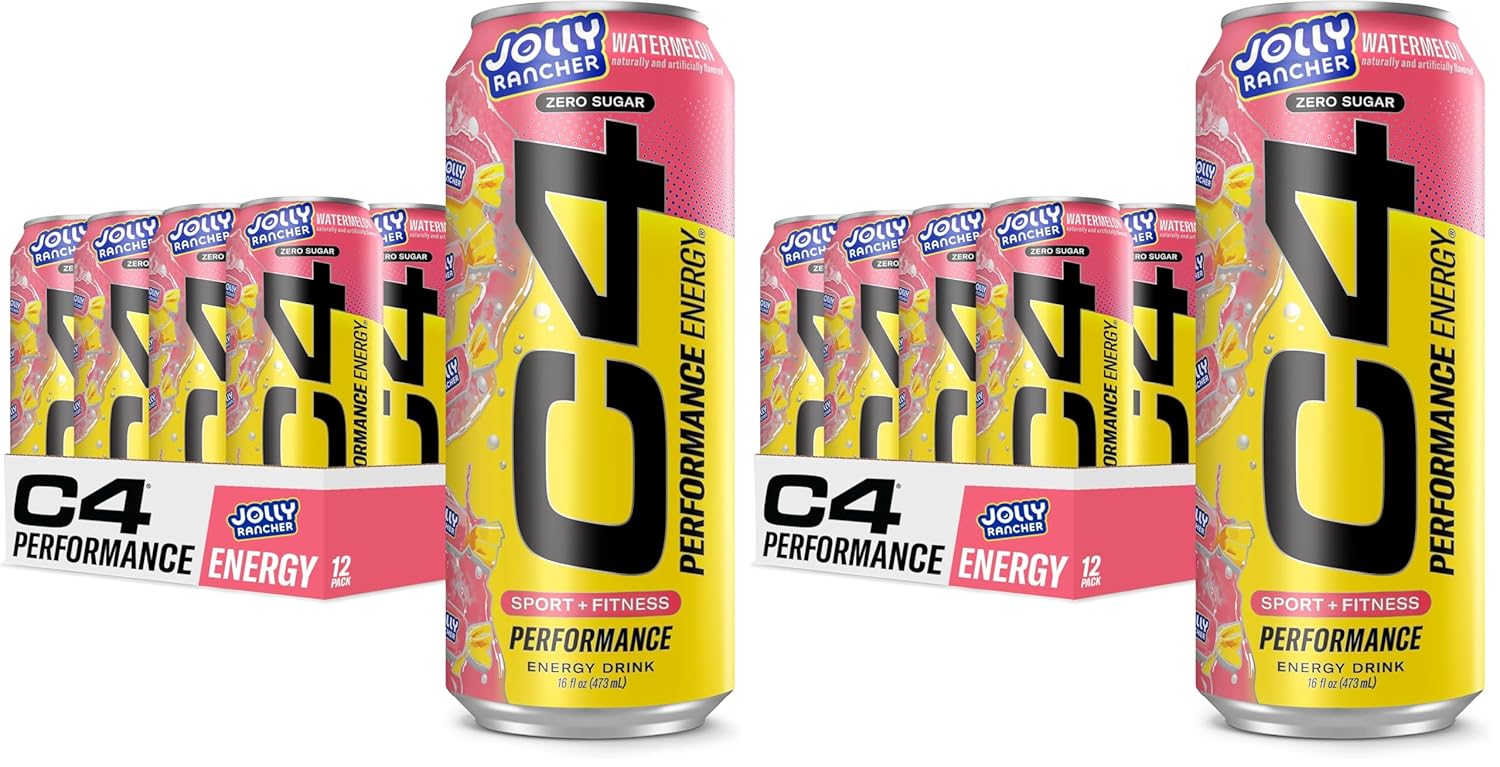 Cellucor C4 Performance Energy Drink | JOLLY RANCHER Watermelon | Zero Sugar Carbonated Preworkout Energy | 200mg Caffeine with Beta Alanine | 16 Fl Oz (24 Pack)