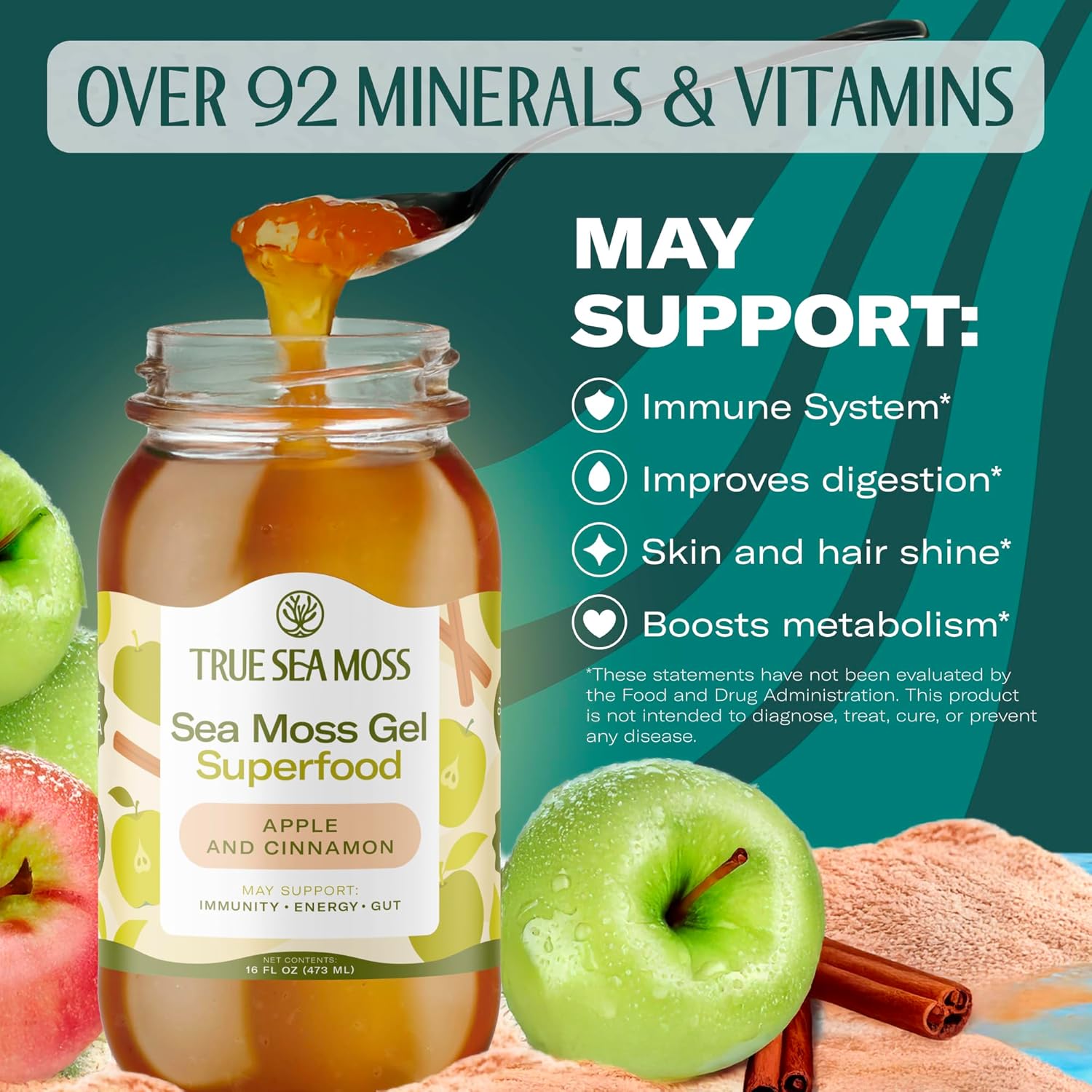 TrueSeaMoss Sea Moss Gel – Made in USA – Wildcrafted Seamoss, Fresh Fruits & Sea Vegetables – Apple/Cinnamon, Pack of 3 (Labels may Vary)