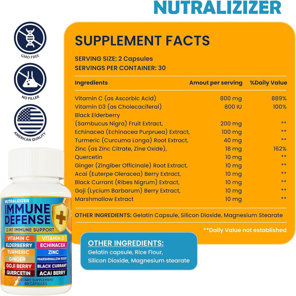 12 in 1 Immune Defense Vitamins - Immune Support Supplement w/VIT D3, Vitamin С, Zinс, Echinacea, Elderberry, Ginger &More - Natural Immunity System Booster - Immune & Muscle Health 120cs