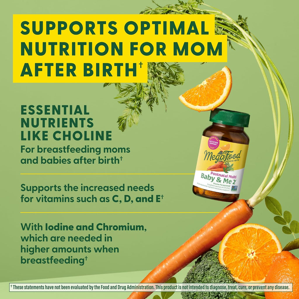 MegaFood Baby & Me 2 Postnatal Vitamins for Women Breastfeeding with Folate (Folic Acid Natural Form), Choline, Iodine, Vitamin D, Moringa Leaf and More - 60 Tabs (30 Servings)