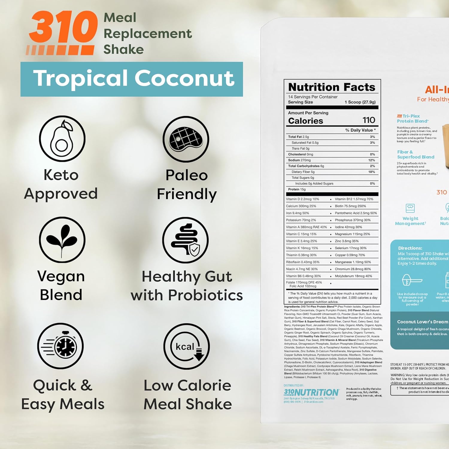 310 Nutrition All-In-One Meal Replacement Shake Powder - Plant-Based Protein Smoothie Blend w/High Fiber, Probiotics & Adaptogens - Low Carb, Vegan, Keto & Paleo Friendly - Tropical Coconut - 14 Srv