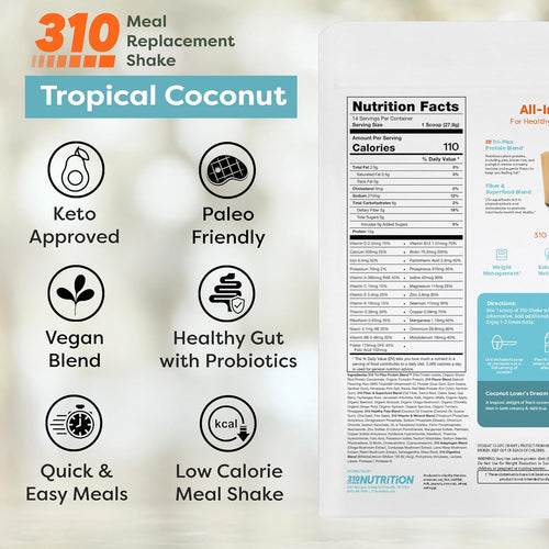 310 Nutrition All-In-One Meal Replacement Shake Powder - Plant-Based Protein Smoothie Blend w/High Fiber, Probiotics & Adaptogens - Low Carb, Vegan, Keto & Paleo Friendly - Tropical Coconut - 28 Srv