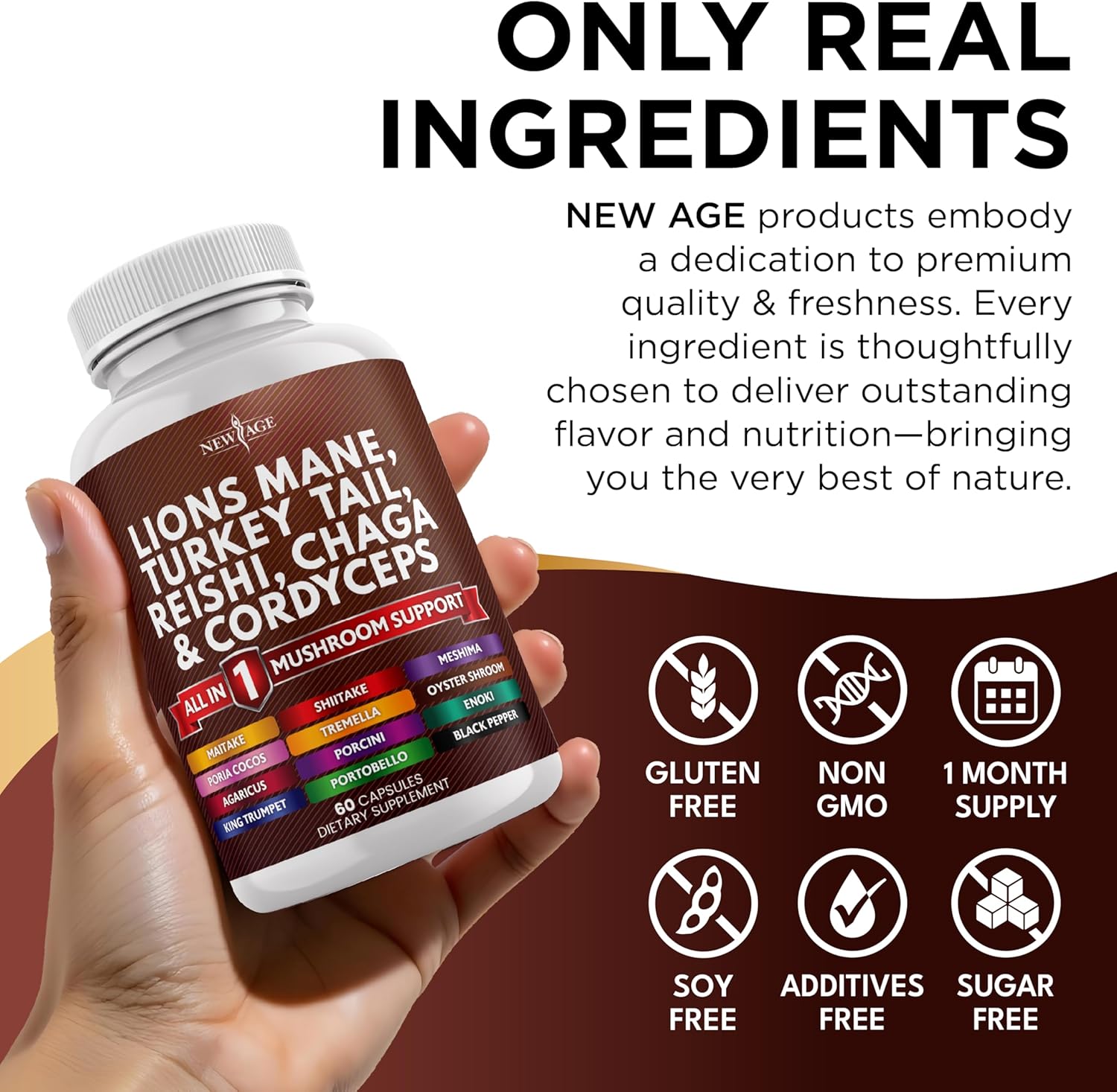 NEW AGE Lions Mane Mushroom Supplement with Turkey Tail Reishi Cordyceps Chaga with Marshmallow Root - 120 Count