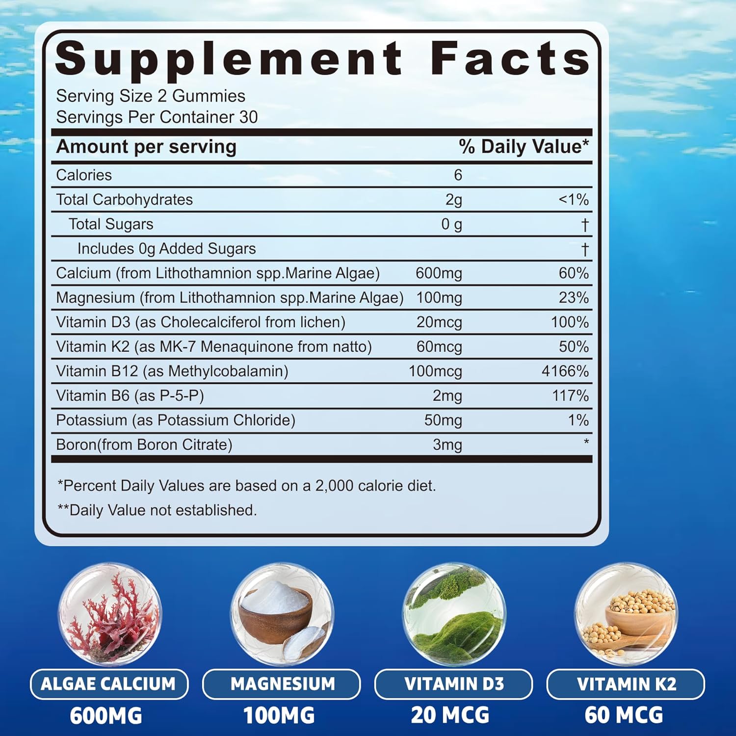 Sugar Free Calcium Gummies 600mg, Ocean Algae Calcium with Vitamin D3, K2, Magnesium, B6, B12, Organic Calcium Supplement for Bone Strength & Teeth Health, Orange Flavor, Vegan, 1 Pack