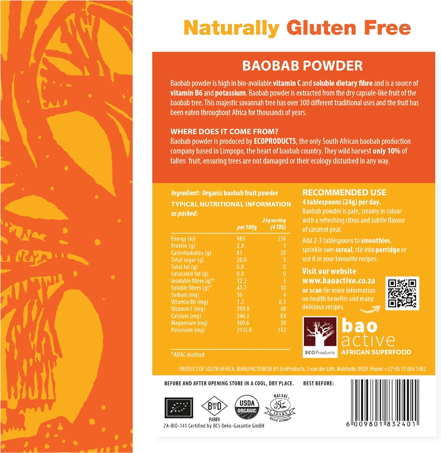 JDBotanics 100% Baobab Powder 300g (10.5 oz) | Direct from South Africa | USDA Organic Certified