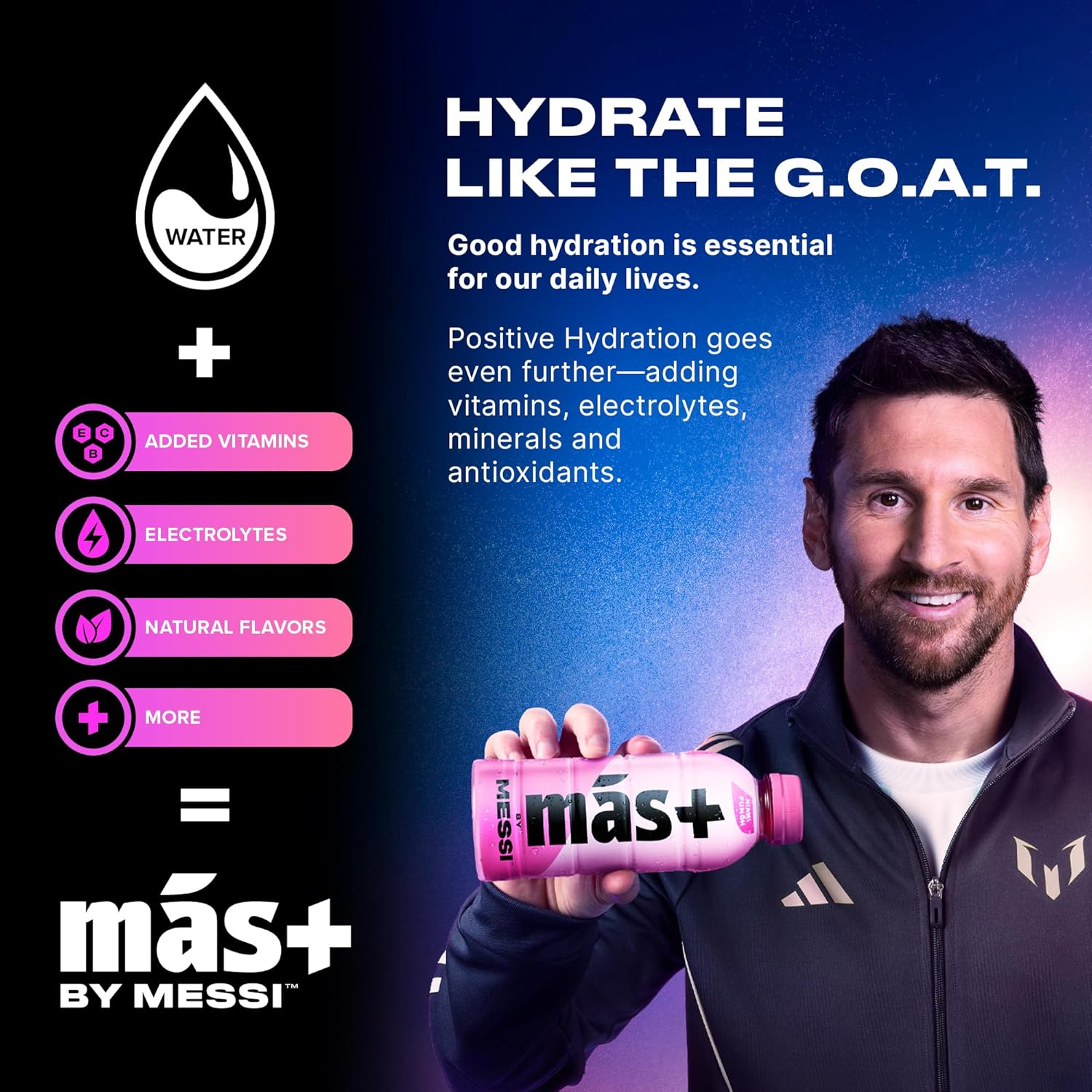 Más+ By Messi 19.2oz Miami Punch Sports Drink & Hydration Beverage, Natural Flavors with Vitamins and Electrolytes, No Artificial Sweeteners or Colors, 12-pack