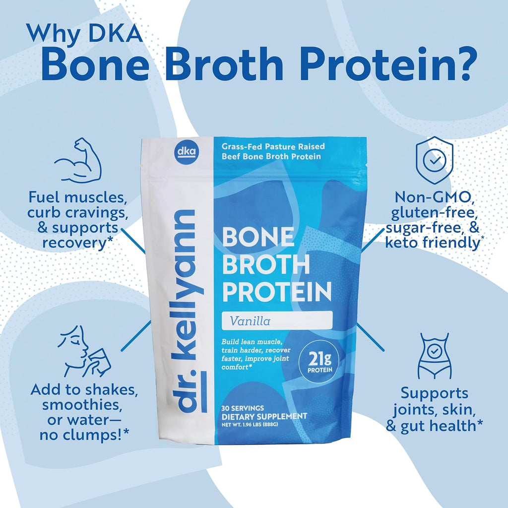 Dr. Kellyann Bone Broth Protein Powder Vanilla (30 Servings) – 21g Protein, Grass-Fed Collagen, Sugar-Free, Keto & Paleo-Friendly, 1 Pack
