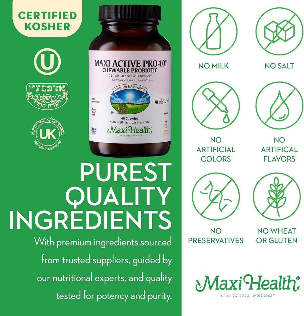 Maxi Health Active Pro-10 Kids Probiotic Chewables – 15 Strains for Digestive & Immune Health –10 Billion probiotic Blend- Dairy-Free, Kosher – Supports Gut Health, Vegetarian – 60 ct (Shelf Stable)