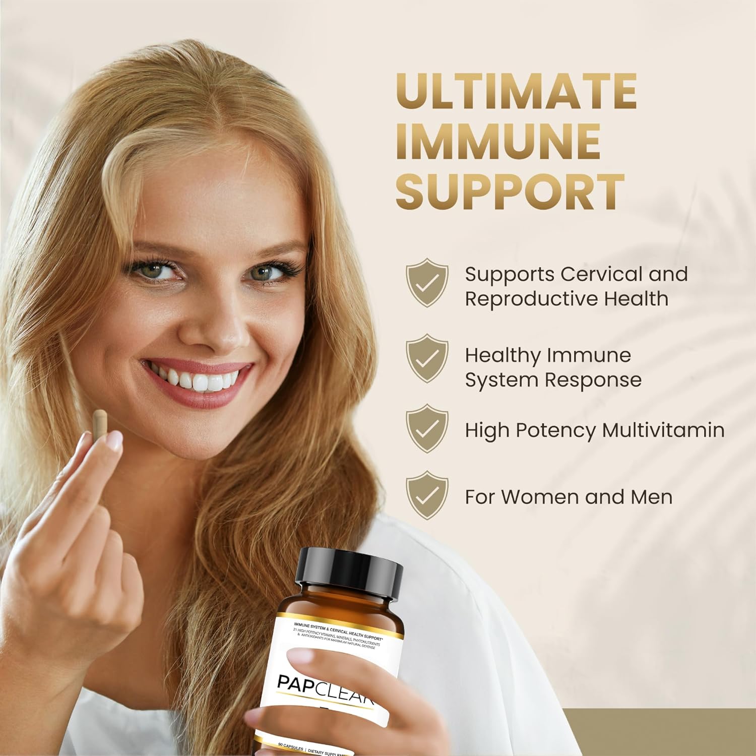 PAPCLEAR Physician Formulated | All Natural Immune Support Supplement | Advanced Powerful Immunity Booster | 21 Vitamins & Nutrients with Organic Shiitake Mushroom & Lycopene | 90 Capsules | Pack of 1