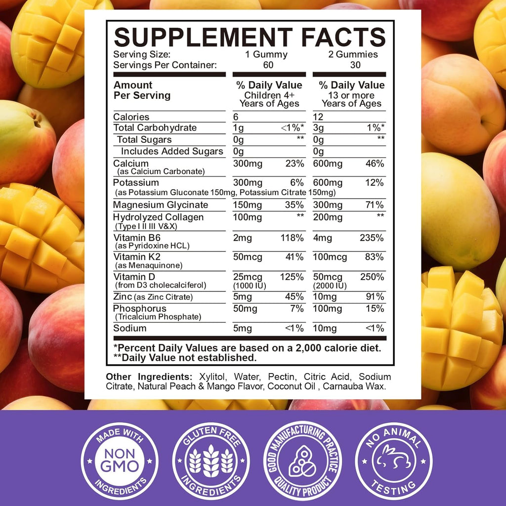 Calcium Potassium Magnesium Gummies for Kids & Adults, Magnesium Potassium Calcium Supplement for Kids, Sleep, Bone Strength, Density Support, Sugar Free, Juice Peach & Mango Flavor, 60 Gummies